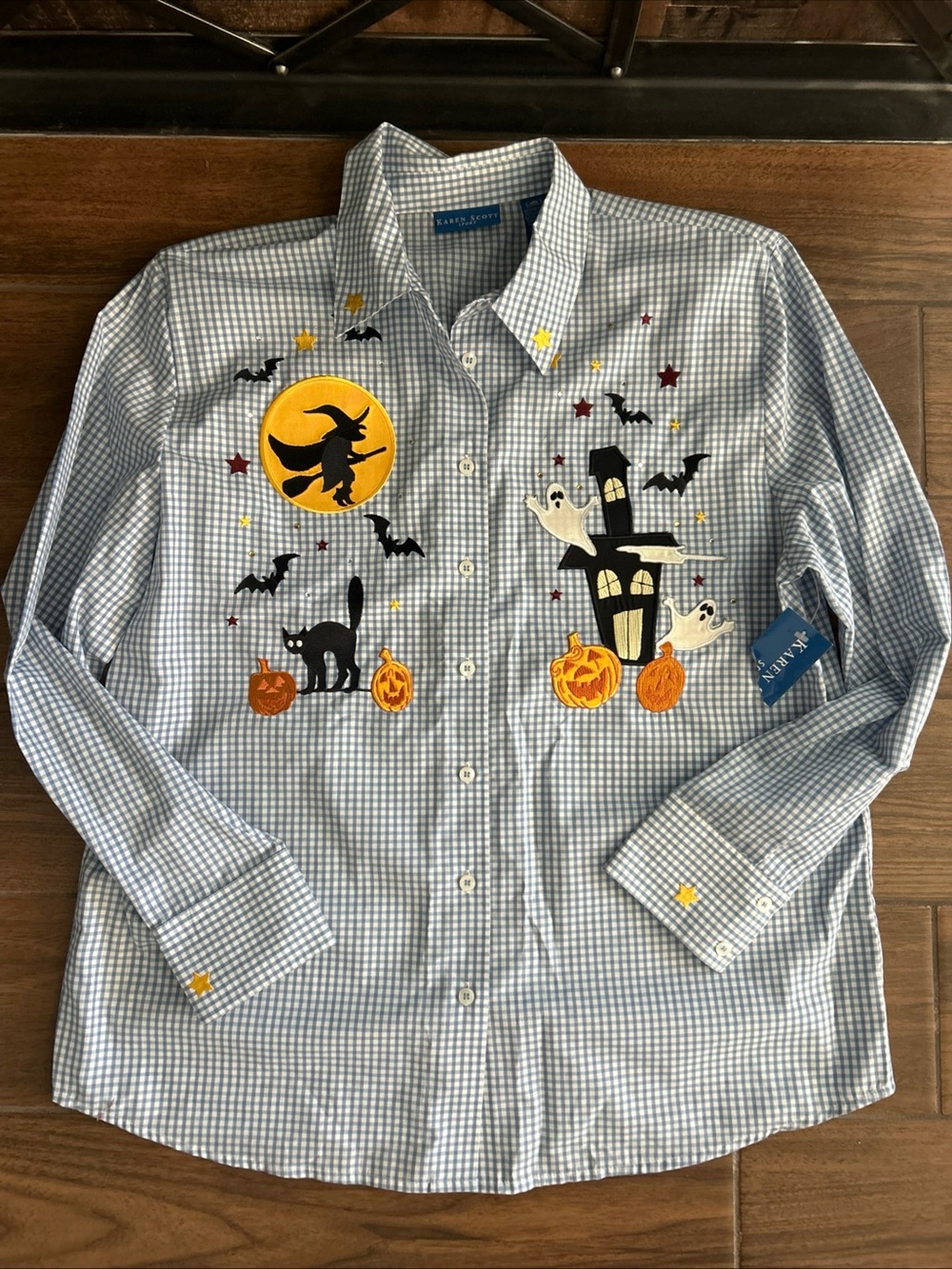Karen Scott Halloween Embroidered Blue & White Checkered Collared Shirt Size LG
